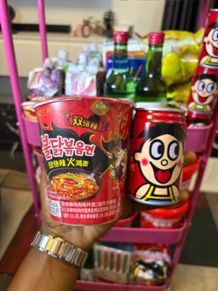 2x spicy buldak ramen and milk drink