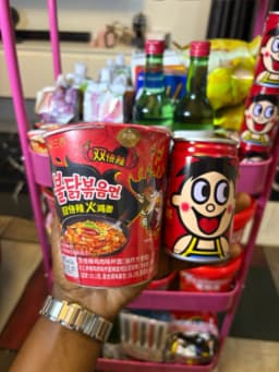 2x spicy buldak ramen and milk drink